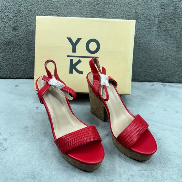 Yoki Red Cork Wedge Platform Sandals Women Size 7 Ankle Strap Open Toe - Picture 2 of 9